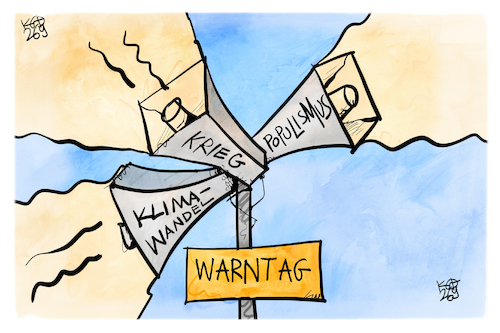 Cartoon: Warntag 2026 (medium) by Kostas Koufogiorgos tagged karikatur,koufogiorgos,warntag,populismus,klima,alarm,krieg,sirene,karikatur,koufogiorgos,warntag,populismus,klima,alarm,krieg,sirene