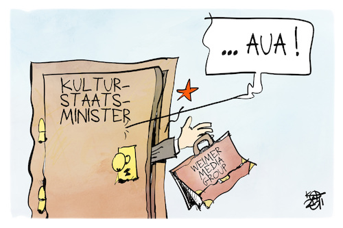 Cartoon: Weimer Media Group (medium) by Kostas Koufogiorgos tagged karikatur,weimer,klemme,tür,wmg,verlag,kulturstaatsminister,interessenskonflikt,karikatur,weimer,klemme,tür,wmg,verlag,kulturstaatsminister,interessenskonflikt