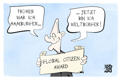 Cartoon: Weltbürger Scholz (medium) by Kostas Koufogiorgos tagged karikatur,koufogiorgos,weltbürger,scholz,preis,hamburger,karikatur,koufogiorgos,weltbürger,scholz,preis,hamburger