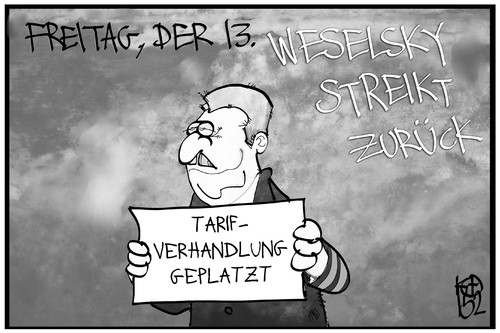 Cartoon: Weselsky streikt zurück (medium) by Kostas Koufogiorgos tagged karikatur,koufogiorgos,illustration,cartoon,weselsky,bahn,lokführer,streik,freitag,unglückstag,gewerkschaft,gdl,arbeitskampf,karikatur,koufogiorgos,illustration,cartoon,weselsky,bahn,lokführer,streik,freitag,unglückstag,gewerkschaft,gdl,arbeitskampf