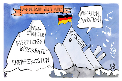 Cartoon: Wirtschaftswarntag (medium) by Kostas Koufogiorgos tagged karikatur,koufogiorgos,wirtschaft,titanic,politik,eisberg,warntag,karikatur,koufogiorgos,wirtschaft,titanic,politik,eisberg,warntag