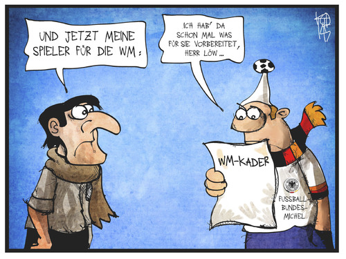 Cartoon: WM-Kader (medium) by Kostas Koufogiorgos tagged karikatur,koufogiorgos,illustration,cartoon,löw,fussball,kader,wm,weltmeisterschaft,michel,bundestrainer,fachmann,coach,sport,aufstellung,fifa,karikatur,koufogiorgos,illustration,cartoon,löw,fussball,kader,wm,weltmeisterschaft,michel,bundestrainer,fachmann,coach,sport,aufstellung,fifa