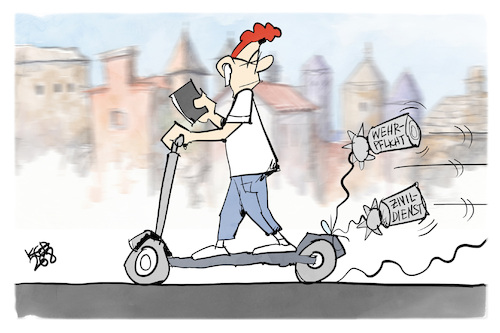 Cartoon: Zivildienst (medium) by Kostas Koufogiorgos tagged karikatur,koufogiorgos,zivildienst,scooter,jugend,wehrpflicht,bundeswehr,karikatur,koufogiorgos,zivildienst,scooter,jugend,wehrpflicht,bundeswehr