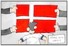 Cartoon: AstraZeneca (small) by Kostas Koufogiorgos tagged karikatur,koufogiorgos,illustration,cartoon,dänemark,rote,karte,fussball,astrazeneca,corona,impfstoff,nebenwirkungen,impfen