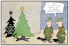 Cartoon: Bundeswehr (small) by Kostas Koufogiorgos tagged karikatur,koufogiorgos,illustration,cartoon,afghanistan,bundeswehr,verteidigungsministerin,weihnachstfeier,rüstungsmaengel,skandale,armee,militär,schatten,weihnachtsbaum