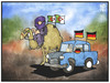 Cartoon: Deutschland und Algerien (small) by Kostas Koufogiorgos tagged karikatur,koufogiorgos,illustration,cartoon,algerien,kamel,wüste,corso,auto,fahne,flagge,touareg,fussball,sport,wm,weltmeisterschaft