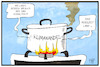 Cartoon: Klimawandel (small) by Kostas Koufogiorgos tagged karikatur,koufogiorgos,illustration,cartoon,klimawandel,kochtopf,heisszeit,wetter,wärme,hitze,feuer,klima