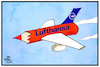 Cartoon: Lufthansa (small) by Kostas Koufogiorgos tagged karikatur,koufogiorgos,illustration,cartoon,lufthansa,airline,flugzeug,rotstift,sparen,arbeit,wirtschaft,entlassung,fliegen,geld