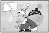 Cartoon: PKW-Maut (small) by Kostas Koufogiorgos tagged karikatur,koufogiorgos,illustration,cartoon,scheuer,maut,pkw,betreiber,schadensersatz,weihnachtsamenn,geschenk,sack,bombe,geld,steuern