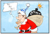 Cartoon: PKW-Maut (small) by Kostas Koufogiorgos tagged karikatur,koufogiorgos,illustration,cartoon,scheuer,maut,pkw,betreiber,schadensersatz,weihnachtsamenn,geschenk,sack,bombe,geld,steuern
