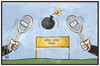 Cartoon: Spiel ohne Ende (small) by Kostas Koufogiorgos tagged karikatur,koufogiorgos,illustration,cartoon,spiel,kreislauf,pingpong,luftangriffe,terroranschläge,tennis,bombe,terrorismus,teufelskreis