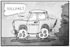 Cartoon: Thüringen startet durch (small) by Kostas Koufogiorgos tagged karikatur,koufogiorgos,illustration,cartoon,thueringen,trabi,corona,auto,lockerung,ddr,fahren,pandemie