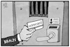 Cartoon: Wirecard (small) by Kostas Koufogiorgos tagged karikatur,koufogiorgos,illustration,cartoon,braun,wirecard,bilanzskandal,dax,wirtschaft,betrug,polizei,gefaengnis,zelle,haft,untersuchungshaft,kartenöffner,tuer,gitter