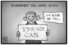 Cartoon: Yes we can! (small) by Kostas Koufogiorgos tagged karikatur,koufogiorgos,illustration,cartoon,obama,usa,nahost,is,bombardierung,kampf,krieg,terrorismus,treu,motto,politik