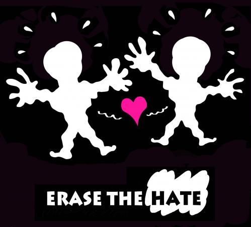 Cartoon: Erase the hate (medium) by illustrator tagged hate,bigotry,symbol,poster,love,affection,attraction,flowerpower,hass,furcht,angst,voruteile,vorurteil,liebe