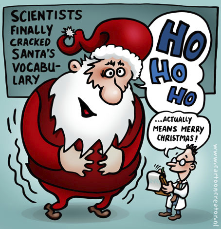 Cartoon: Scientits cracked Santas vocabul (medium) by illustrator tagged xmas,christmas,festive,season,holiday,santa,claus,cartoon,language,talk,hohoho,scientists,problem,cracked,satire,card,peter,welleman,illustrator