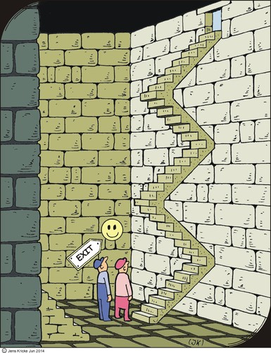Cartoon: Ausgang 2 - Exit 2 (medium) by JotKa tagged treppe,ausgang,mauern,keller,phantasie,gemäuer,forscher,entdeckungen,rätsel,staircase,exit,walls,cellar,fantasy,of,researcher,discoveries,puzzles