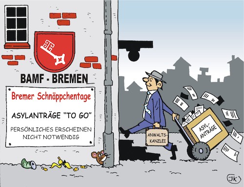 Cartoon: Bamf Bremen (medium) by JotKa tagged bundesanstalt,für,migration,bremen,asyl,asylanträge,asylantrag,bamf,bundesanstalt,für,migration,bremen,asyl,asylanträge,asylantrag,bamf
