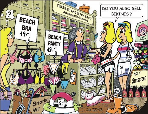 Cartoon: Beach fashion (medium) by JotKa tagged beach,fashion,style,sales,shopping,bikini,holiday,woman,girls,sun,sea,communication