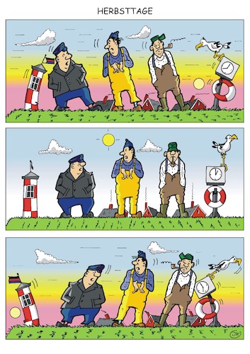 Cartoon: Herbsttage (medium) by JotKa tagged jahreszeiten,herbst,stürme,wind,meer,nordsee,natur,klima,leuchtturm,möwe,männer,deich,jahreszeiten,herbst,stürme,wind,meer,nordsee,natur,klima,leuchtturm,möwe,männer,deich