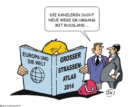 Cartoon: Neue Wege (medium) by JotKa tagged beziehungen,verhältnisse,diplomaten,diplomatie,auswärtiges,amt,eu,deutschland,brd,brüssel,russland,ukraine,merkel,putin,separatisten,ukrainekrise,aussenministerium,aussenminister,aussenhandel,wirtschaft,wirtschaftsinteressen,sanktionen,boykott