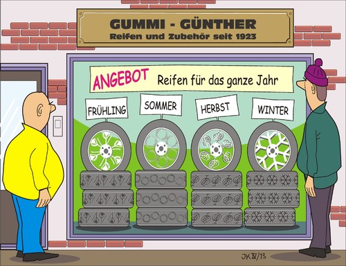 Cartoon: Reifen (medium) by JotKa tagged reifen,räder,auto,sommerreifen,winterreifen,sonderangebote,ganzjahresreifen,automobilindustrie,handel,verkehr,transporte