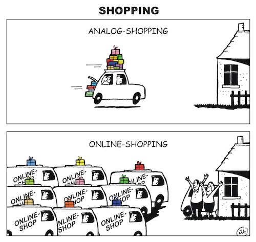 Cartoon: Shopping (medium) by JotKa tagged handel,verkauf,arbeitsplätze,umwelt,klima,abgase,verkehrsaufkommen,online,verbraucher,handel,verkauf,arbeitsplätze,umwelt,klima,abgase,verkehrsaufkommen,online,verbraucher