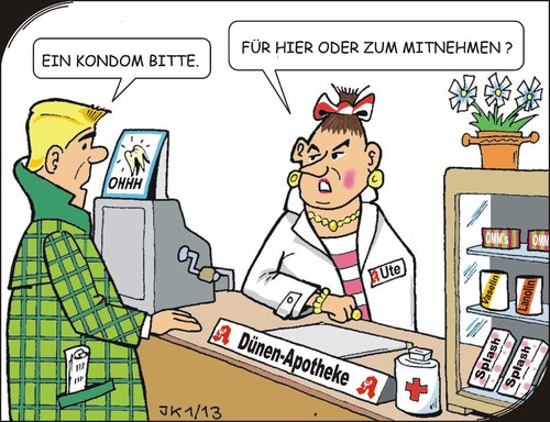 Cartoon: Verkaufsgespräch (medium) by JotKa tagged verkauf,handel,kondom,apotheke,verkäufer,liebe,missverständniss,gesellschaft,frau,mann