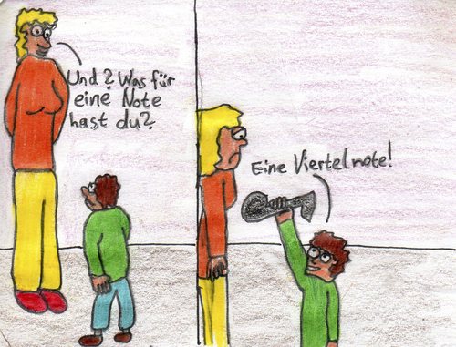 Cartoon: Note (medium) by Salatdressing tagged schule,note,schul,musik,moll,dur,erziehung,mutter,kind,klasse,viertel,gut,schlecht,dumm,blöd,wortspiel