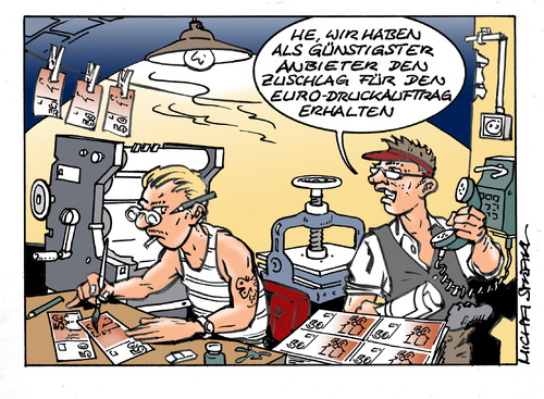 Cartoon: Euro Druckauftrag (medium) by Micha Strahl tagged micha,strahl,euro,druckauftrag,bundesbank,bundesdruckerei,auslagerung,druckauftrag,bundesbank,bundesdruckerei,euro,bank,banken
