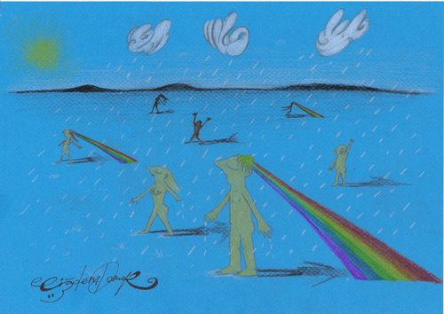 Cartoon: Creativity and Innovation (medium) by CIGDEM DEMIR tagged creativity,and,innovation,rain,light,rainbow,blue,people,artist,cloud,man,woman