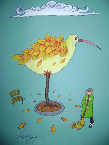 Cartoon: the bird losing its leaves (medium) by CIGDEM DEMIR tagged bird,animal,leaves,bench,tree,autumn,season,yellow,orange,red
