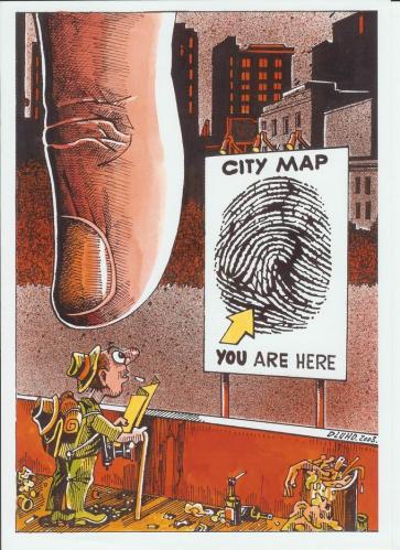 Cartoon: You are here! (medium) by Dluho tagged map,,stadt,stadtkarte,orientierung,city,schild,tourist,sightseeing,suche,fingerabdruck,gefahr