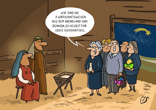 Cartoon: Die Wirtschaftsweisen (medium) by Dodenhoff Cartoons tagged wirtschaftsweise,ostergeschäft,schokohäschen,frühzeitig,der,frühe,vogel,wirtschaft,umsatz,maria,josef,jesus,krippe,wirtschaftsweise,ostergeschäft,schokohäschen,frühzeitig,der,frühe,vogel,wirtschaft,umsatz,maria,josef,jesus,krippe