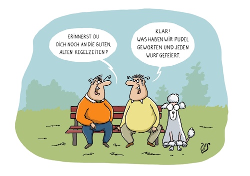 Cartoon: Kegelbrüder (medium) by Dodenhoff Cartoons tagged kegeln,freizeitsport,pudel,hunde,vergangenheit,rentner,boomer,bank,sentimental,kegeln,freizeitsport,pudel,hunde,vergangenheit,rentner,boomer,bank,sentimental