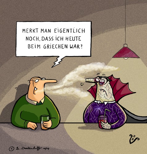 Cartoon: Smelloween (medium) by Dodenhoff Cartoons tagged knoblauch,vampir,griechisches,essen,kneipe,gespräch,birgit,dodenhoff,cartoons