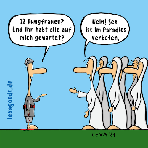 Cartoon: lexatoon 72 Jungfrauen (medium) by lexatoons tagged djihadist,im,paradies,mit,72,jungfrauen