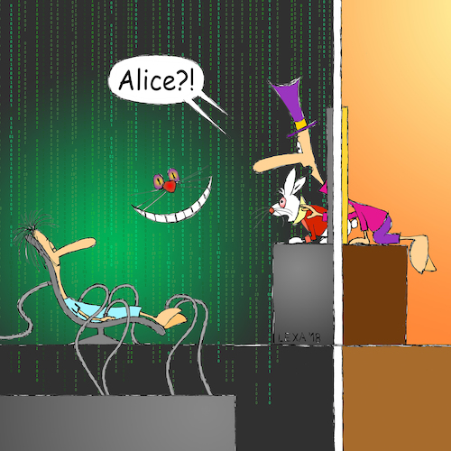 Cartoon: lexatoon Alice in der Matrix (medium) by lexatoons tagged lexatoon,alice,matrix,kaninchen,hutmacher,spiegel,wunderland,lexatoon,alice,matrix,kaninchen,hutmacher,spiegel,wunderland
