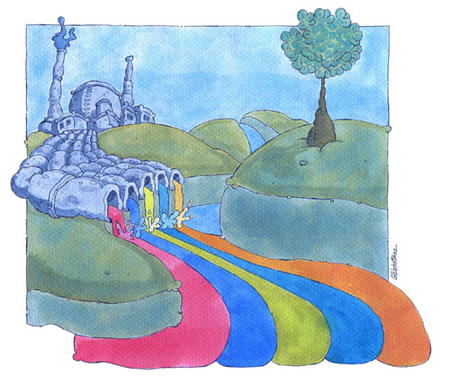 Cartoon: boyali nehir (medium) by Gölebatmaz tagged nehir,kirlilik,cevre,gokkusagi,boya,atik,doga