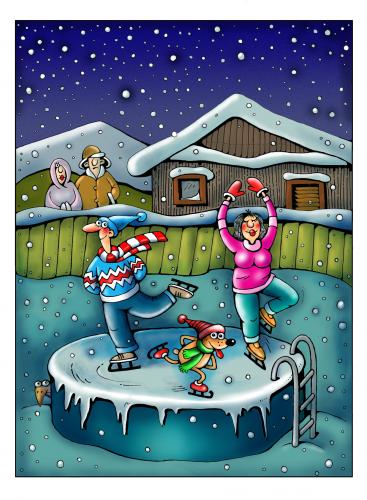 Cartoon: nachbarn (medium) by kurtu tagged nachbarschaft,nachbarn,winter,eis,eiskunstlauf,schlittschuhe,schlittschuhlaufen,schnee,freizeit,neid,eifersucht,gartenzaun,wohnen,luxus