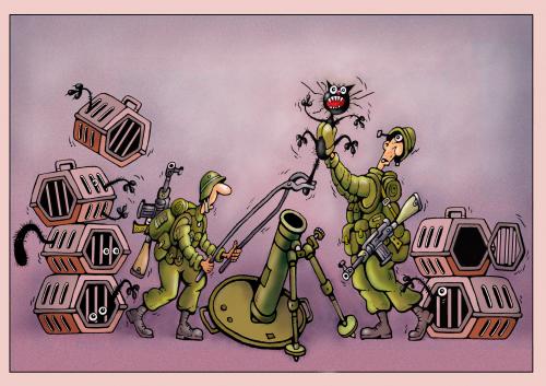 Cartoon: schwarze  katze (medium) by kurtu tagged no,,soldat,katze,schwarz,geschütz,waffe,mörser,nar,käfig,schutz,sicherheit,kampf