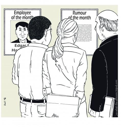 Cartoon: Rumour of the month (medium) by Penguin_guy tagged workplace,buero,office,geruecht,rumour,business,arbeiter,job,arbeiter des monats,gerücht,bürobürokrat,arbeitsplatz,mobbing