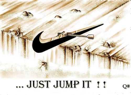 Cartoon: JUST JUMP IT ! (medium) by QUIM tagged nike,,illustration,nike,marke,brand,icon,zeichen,logo,boot,kanu,ruder,rudern,wassersport,abgrund,wasserfall,adaption,springen,sport,laufen,gefahr,schuhe