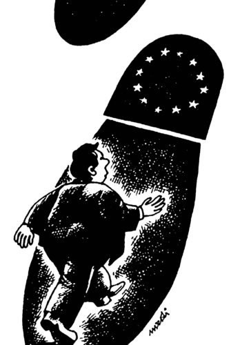 Cartoon: backwards (medium) by Medi Belortaja tagged traces,walking,backwards,eu,europe,politics,politicians