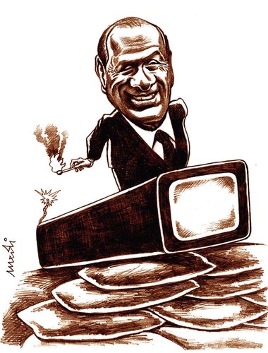 Cartoon: Berlusconi with gun (medium) by Medi Belortaja tagged media,gun,berlusconi,tv