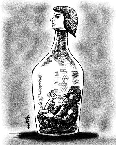 Cartoon: bottle (medium) by Medi Belortaja tagged bottle,man,won,wife,husband,imprisoned