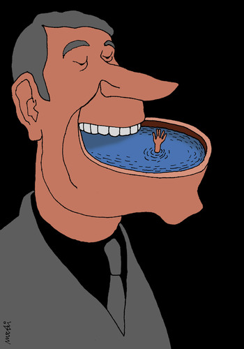 Cartoon: dangerous mouth (medium) by Medi Belortaja tagged pool,mouth,dialogue,talk,sink,dangerous,help,man,danger