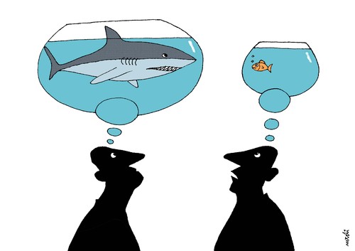 Cartoon: different ideas (medium) by Medi Belortaja tagged fish,mind,think,peoples,ideas,different,shark,aquarium