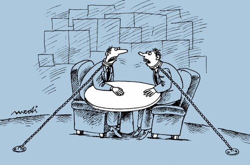 Cartoon: politicians controversy (medium) by Medi Belortaja tagged controversy,politicians,hassle,chained