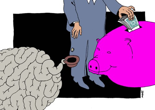 Cartoon: for pig and for brain (medium) by Medi Belortaja tagged finance,money,brain,pig,distribution,mind,intelligence,intellectuals,savings,for